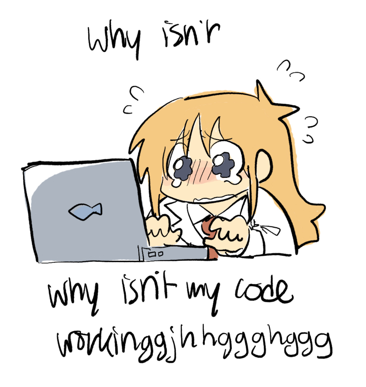 The Professor from Nichijou crying at her computer with the text “Why isn’r Why isn’t my code workinggjhhggghggg”